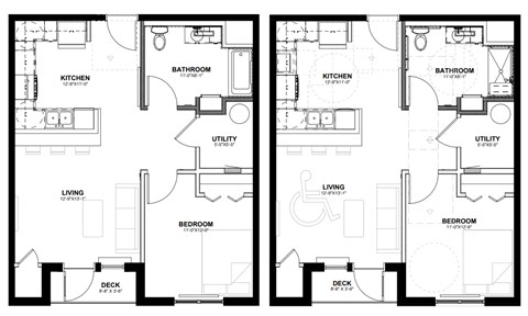 two floor plans for a house with two bedrooms and two bathrooms